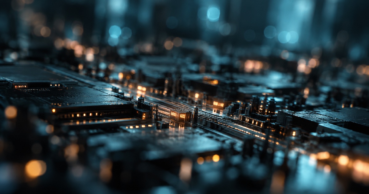 Close-up of a circuit board lit like a city at night, with glowing amber components